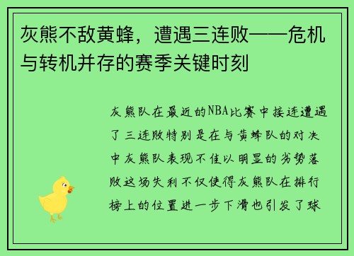 灰熊不敌黄蜂，遭遇三连败——危机与转机并存的赛季关键时刻